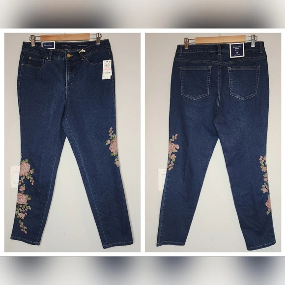 NWT Charter Club Floral Embroidered Bristol Ankle Jeans Tummy Slimming Size 10 - Picture 1 of 16